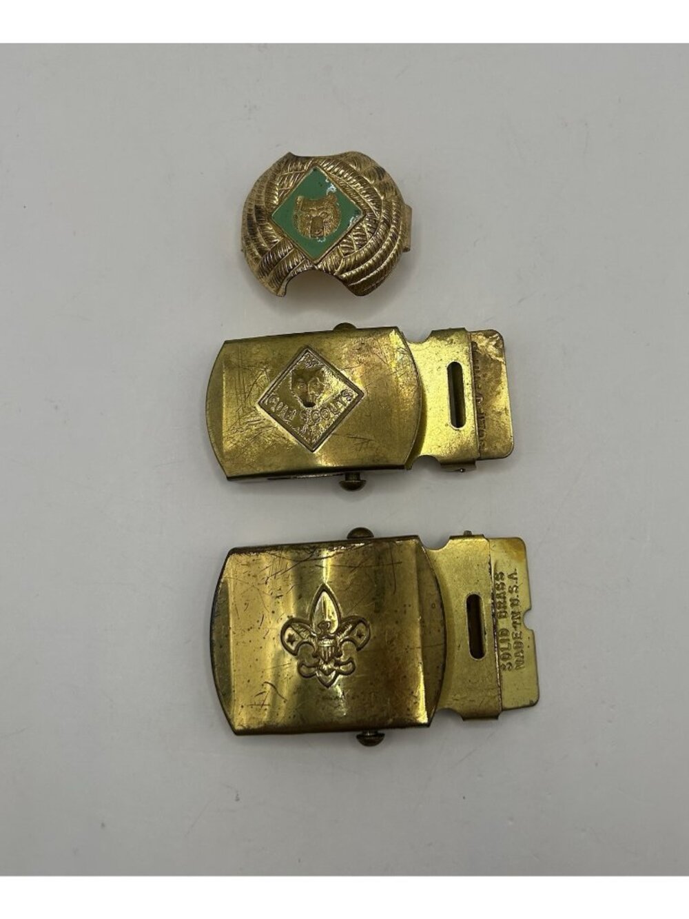Vintage Boy Scouts Cub Scouts Solid Brass Belt Buckles Neckerchief Slide Lot 3